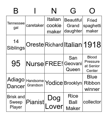 Stella's Bingo Card