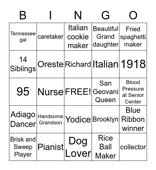 Stella's Bingo Card