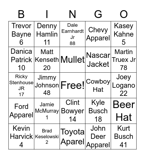 NASCAR BINGO  Bingo Card