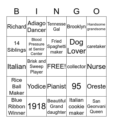Stella's Bingo Card