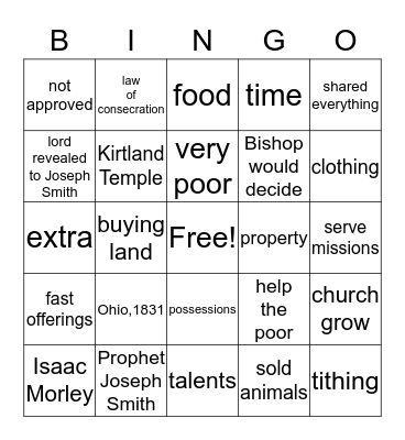 Law of Consecration Bingo Card