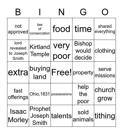 Law of Consecration Bingo Card