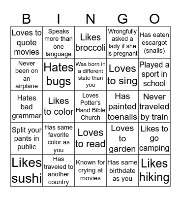 Getting to Know You Bingo Card