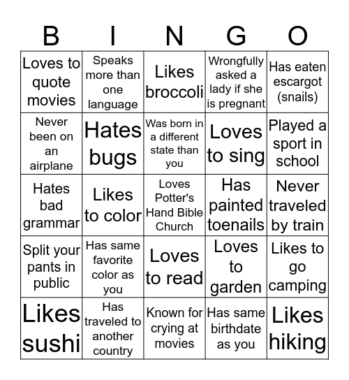 Getting to Know You Bingo Card