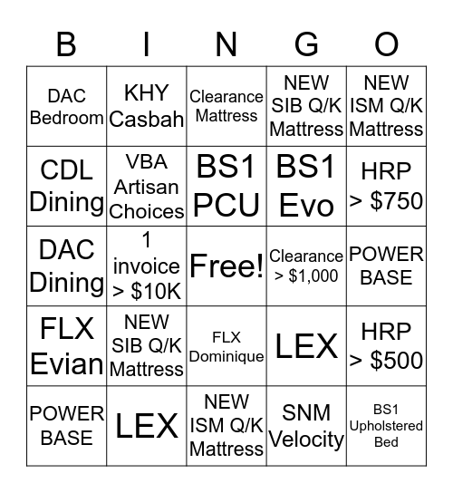 Furniture Bingo Card