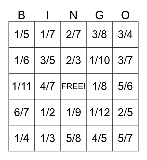 Ferret Fractions Bingo Card