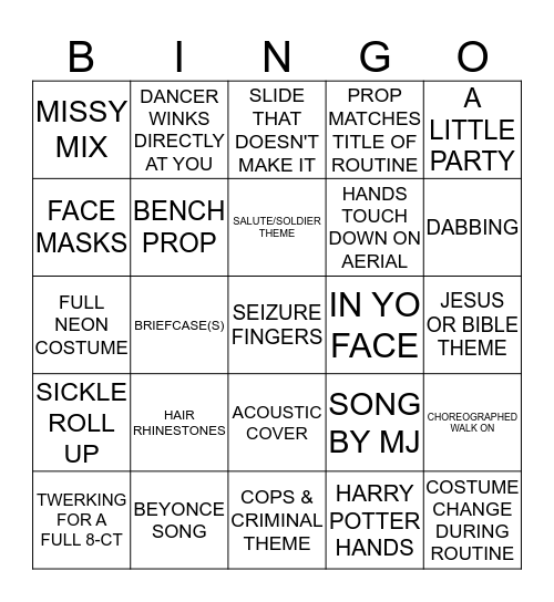 DANCE COMP BINGO Card