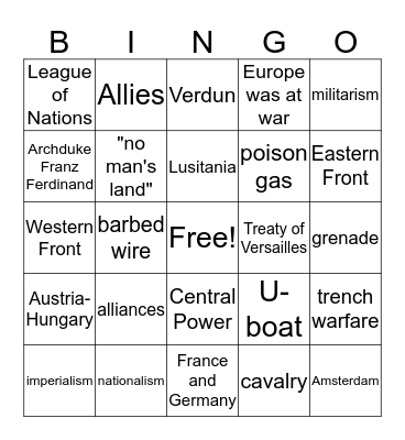 World War I Review Bingo Card