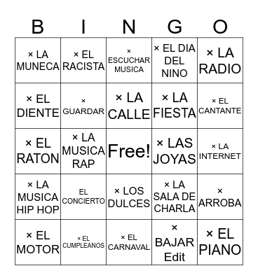 SPANISH VOCABULARY Bingo Card