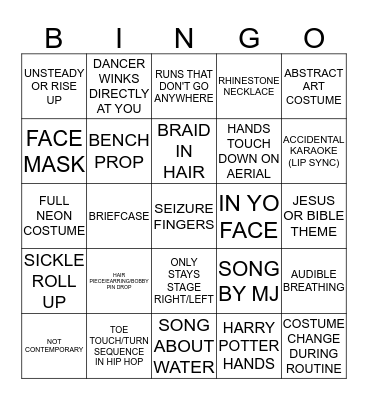 DANCE COMP BINGO Card