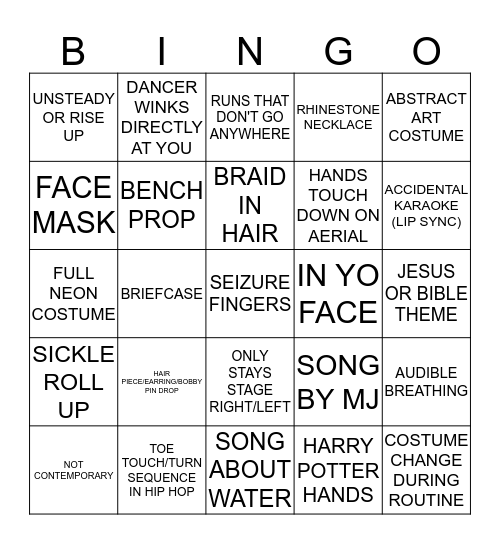 DANCE COMP BINGO Card