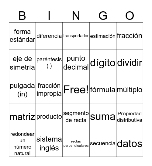 Spanish Math Vocab Bingo Card