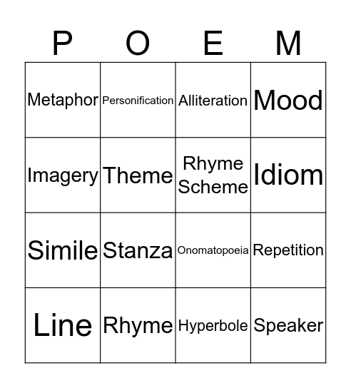 Poetry Bingo Card