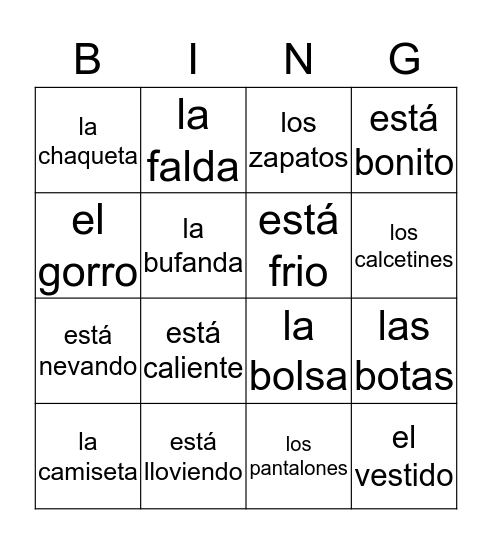 La ropa y la clima Bingo Card