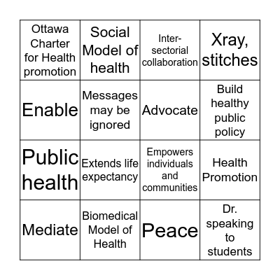 Models of Health Bingo Card