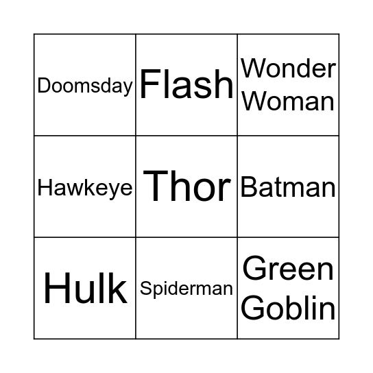 Superheroes Bingo Card