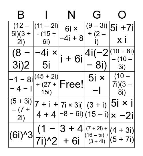 COMPLEX NUMBERS Bingo Card
