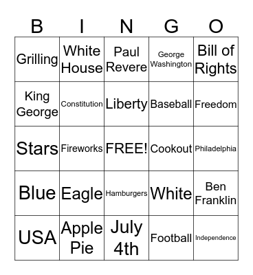 4th of July Jello Shot Bingo Card