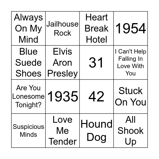 Elvis Presley Bingo!! Bingo Card