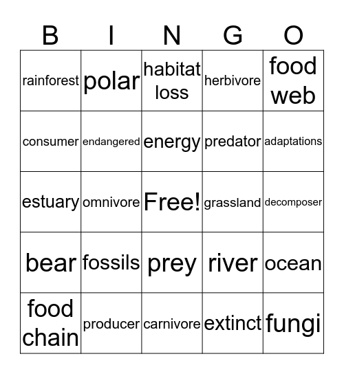 Environments and Habitats Bingo Card