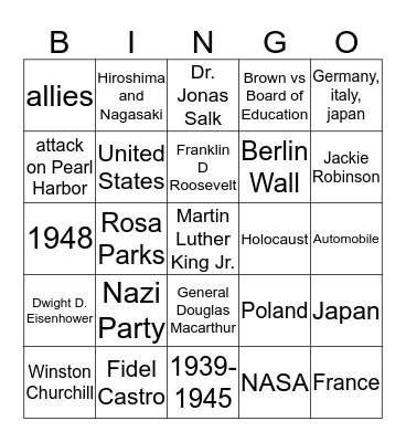 History Exam #2 Bingo Card