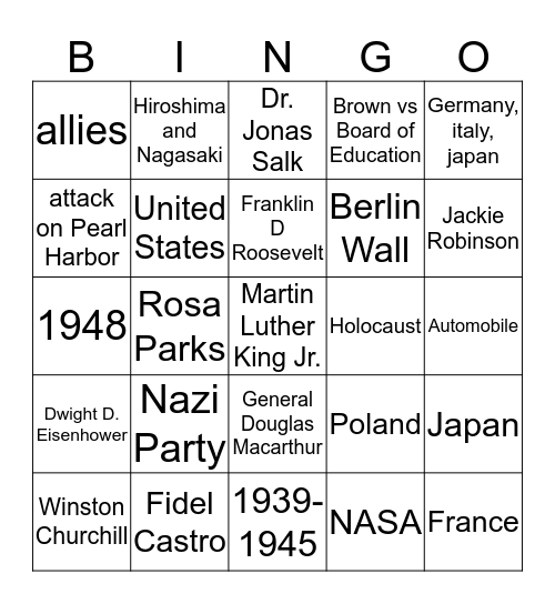 History Exam #2 Bingo Card