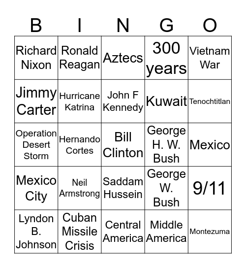 History Exam #3 Bingo Card