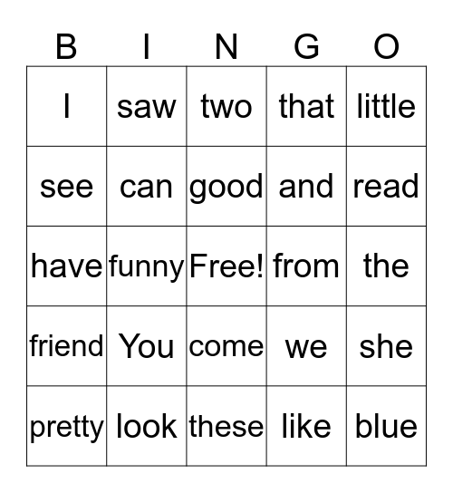 Sight Word Bingo Card