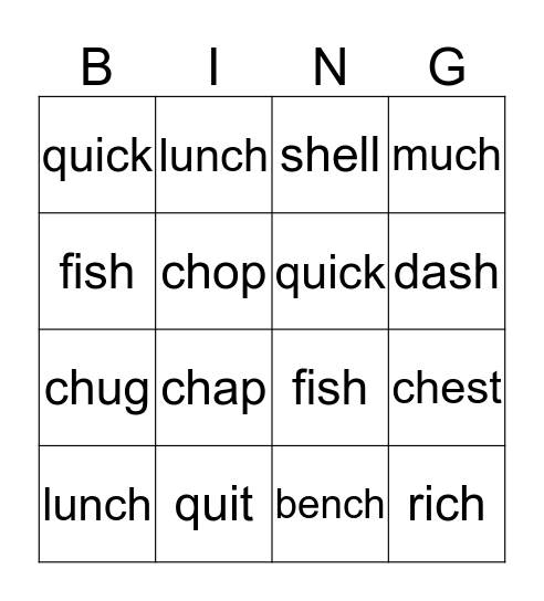 Unit 11 qu sh ch Bingo Card