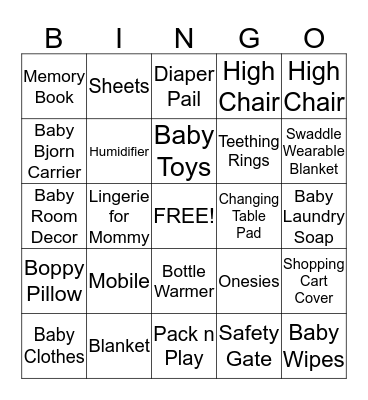 Amber's Baby Shower Bingo Card