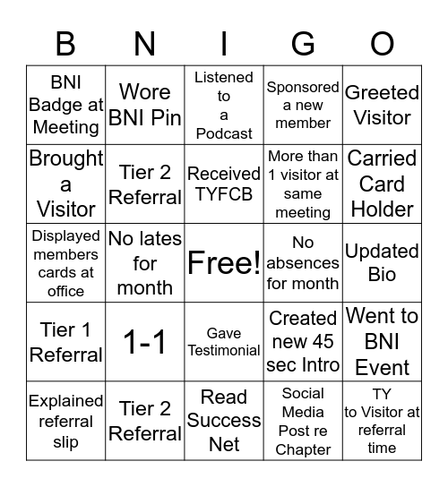 B   N   I   G   O Bingo Card