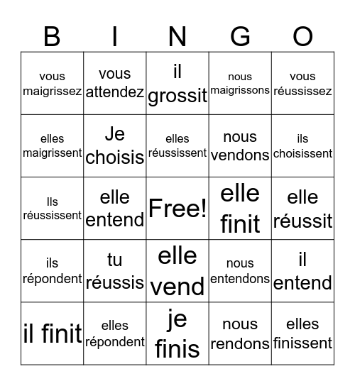 Les verbes en français Bingo Card