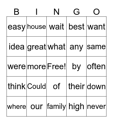 Sight Word Bingo Card