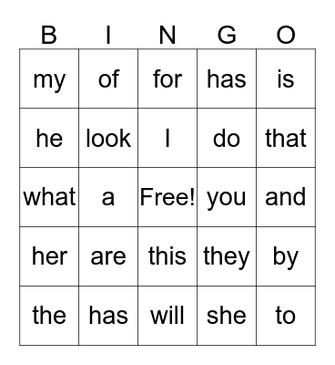 Sight Words Bingo Card