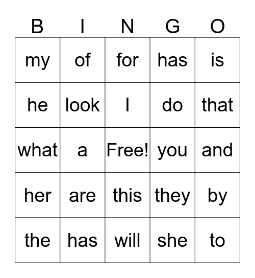 Sight Words Bingo Card