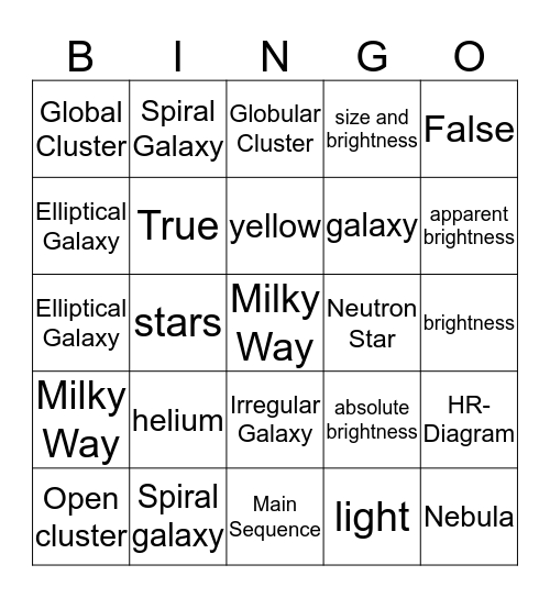 Stars and Glaxy Bingo Card