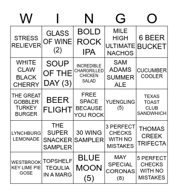 WILD WING CAFE WINGO Bingo Card