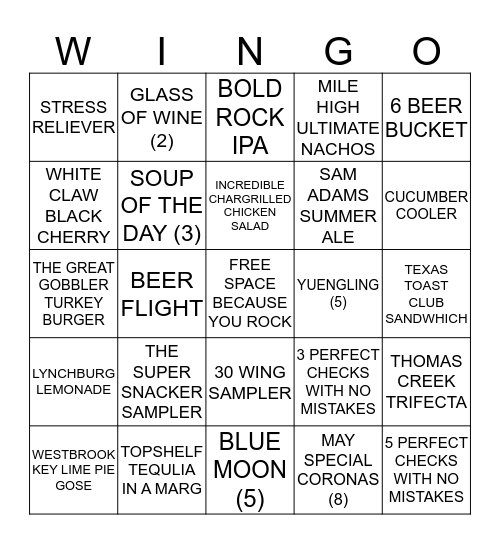 WILD WING CAFE WINGO Bingo Card