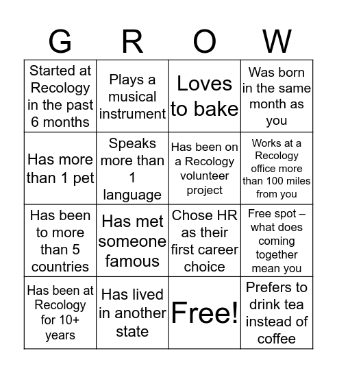 GROW Bingo Card