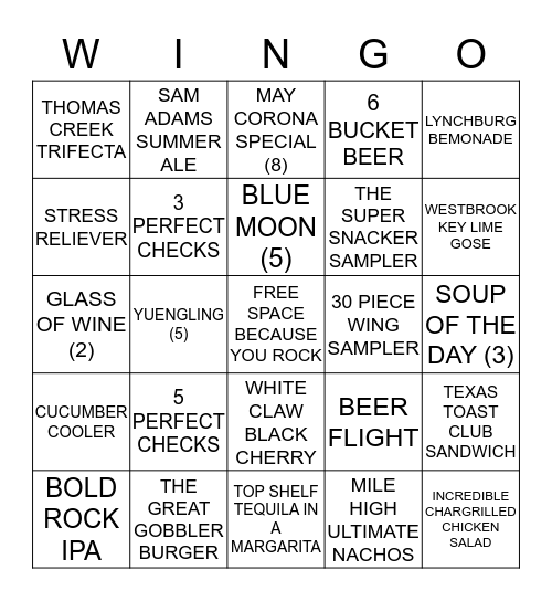 WILD WING CAFE WINGO Bingo Card