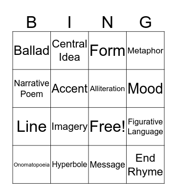 Poetry Vocabulary Bingo Card