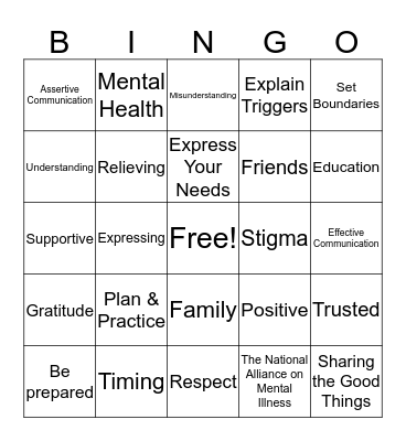 Talking To Your Family About MH Bingo Card