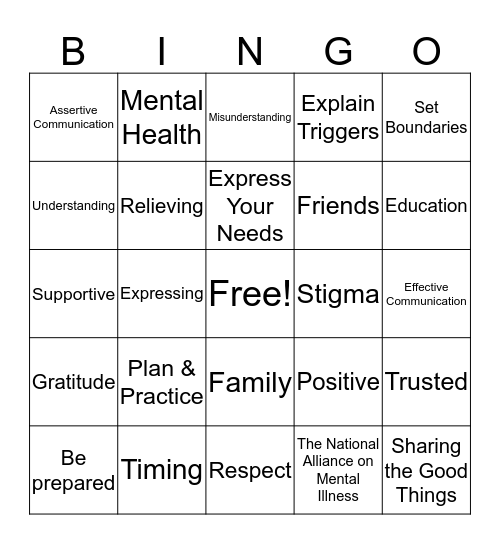 Talking To Your Family About MH Bingo Card