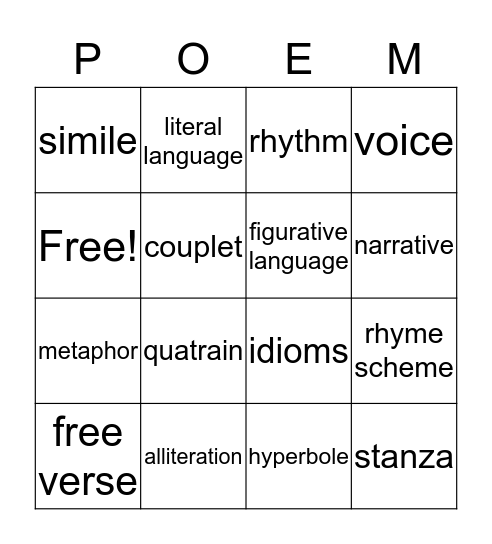 Poetic Devices Bingo Card