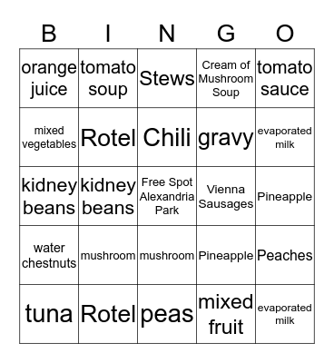 Canned Food Bingo Card