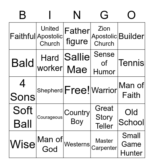 Bishop J. Franklin Tompkins Bingo Card