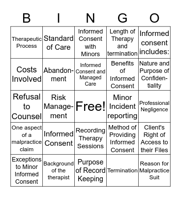 Client Rights Bingo Card