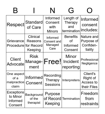 Client Rights Bingo Card