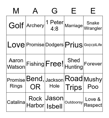 J & L Love Story Bingo Card