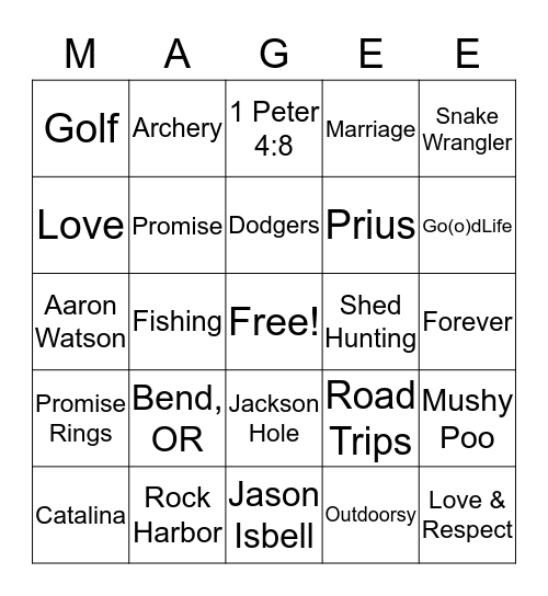 J & L Love Story Bingo Card
